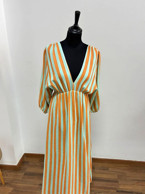 Vestido Lily Rayas - Verde Menta y Naranja